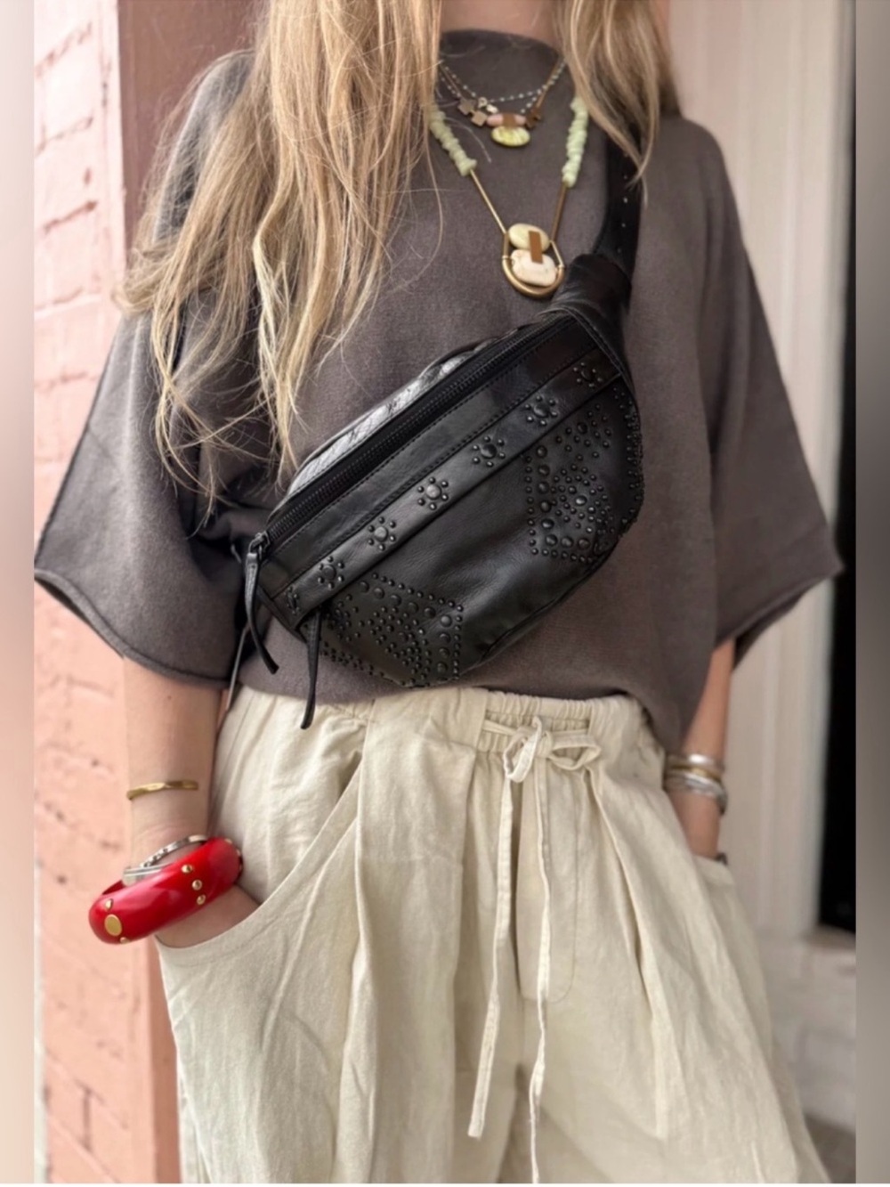 Free People Black Studded Leather Crossbody Belt Bag